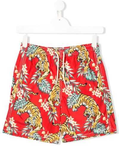 Mc2 Saint Barth Kids' Jean Tiger Print Swimming Trunks In Red