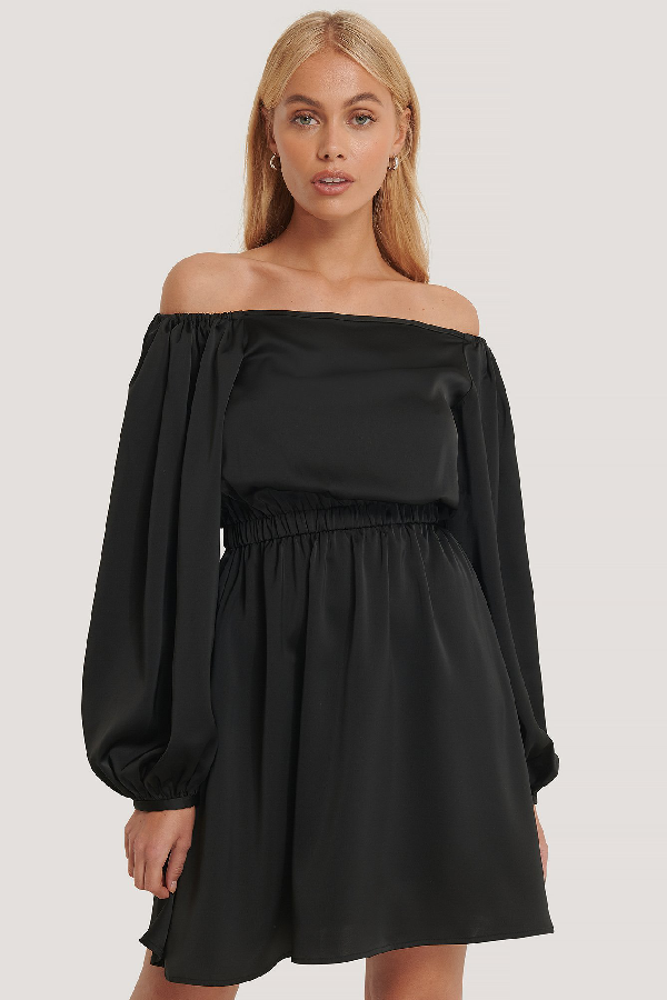 Na-kd Off Shoulder Balloon Sleeve Satin Dress Black | ModeSens