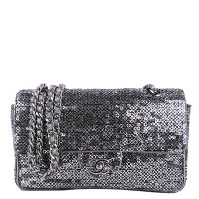 Pre-owned Chanel Silver Sequin Fabric Medium Flap Bag