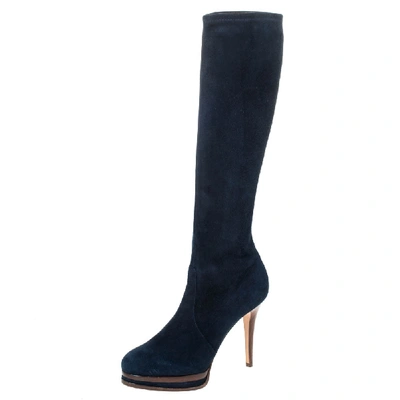 Pre-owned Casadei Blue Suede Knee High Platform Slip On Boots Size 38.5