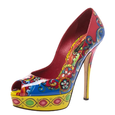 Pre-owned Dolce & Gabbana Multicolor Carretto Siciliano Print Patent Peep Toe Platform Pumps Size 38