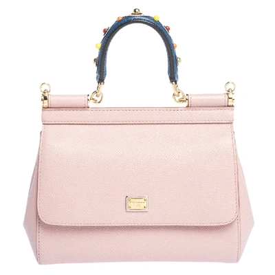 Pre-owned Dolce & Gabbana Powder Pink Embellished Leather Small Miss Sicily Top Handle Bag