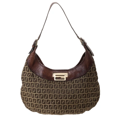 Pre-owned Fendi Brown/beige Zucchino Canvas And Leather Clip Hobo