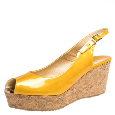 Pre-owned Jimmy Choo Mustard Yellow Patent Praise Cork Slingback Wedges Size 41