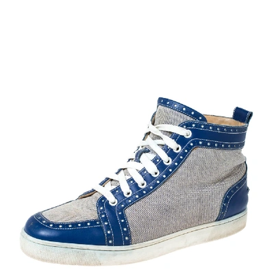 Pre-owned Christian Louboutin Blue/white Leather And Canvas Rantus Orlato High Top Trainers Size 43