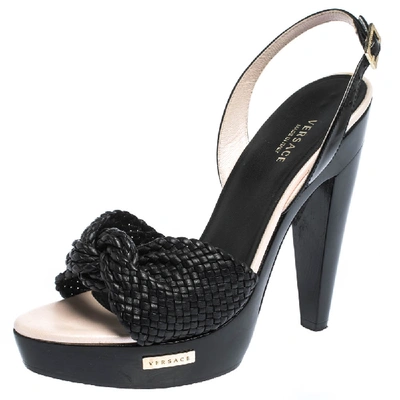 Pre-owned Versace Black Woven Knot Leather And Patent Slingback Platform Sandals Size 36