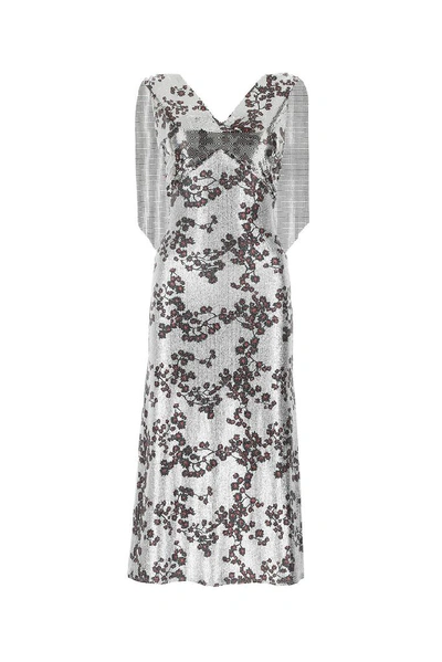 Rabanne Floral Print Chain Mail Midi Dress In Silver