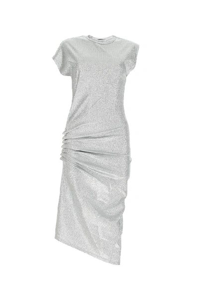 Paco Rabanne Asymmetric Ruched Stretch-lurex Dress In Silver