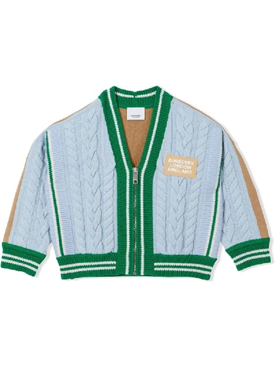 Burberry Babies' Logo Appliqué Cable Knit Cardigan In Blue
