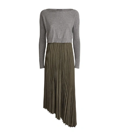 Allsaints Evetta Asymmetrical Midi Dress With Crop Sweater In Khaki/grey