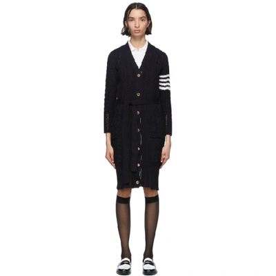 Thom Browne Navy Aran Cable 4-bar Long Cardigan In 415 Navy