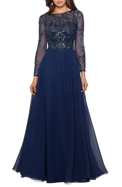 Xscape Embellished Long Sleeve Chiffon A-line Gown In Navy,antiq