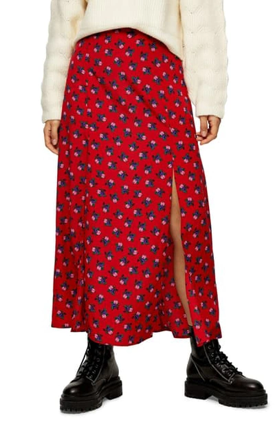 Topshop Floral Double Split Midi Skirt In Red Multi