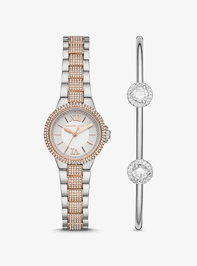 Michael Kors Camille Two-tone Watch And Pavé Cuff Set In Silver