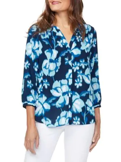 Nydj Floral Pintuck Blouse In Blue Passion Flower