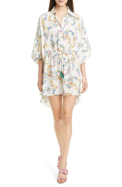 All Things Mochi Malaya Floral Print Silk Shirtdress In White Floral