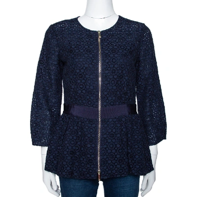 Pre-owned Ch Carolina Herrera Navy Blue Floral Corded Lace Peplum Jacket S