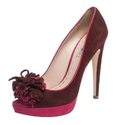 Pre-owned Miu Miu Red/pink Suede Tassel Detail Peep Toe Platform Pumps Size 38.5