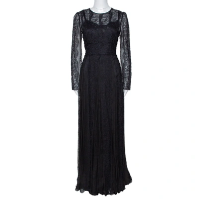 Pre-owned Dolce & Gabbana Black Silk Floral Lace Detail Maxi Dress L