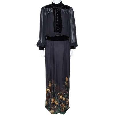 Pre-owned Gucci Black Iris Print Silk Velvet Trim Maxi Dress M