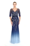 MARCHESA NOTTE CAPE SLEEVE EMBROIDERED OMBRE TULLE EVENING GOWN,MN20FG2087N-8