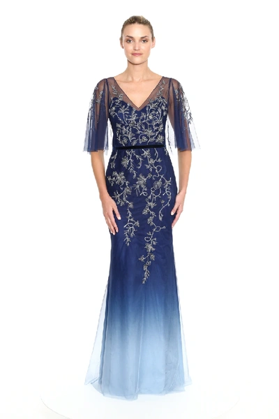 Marchesa Notte Cape Sleeve Embroidered Ombre Tulle Evening Gown In Navy