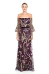MARCHESA NOTTE OFF SHOULDER EMBROIDERED TULLE EVENING GOWN,MN20FG2096-14