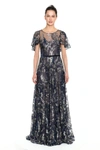 MARCHESA NOTTE CAPE SLEEVE BEADED SEQUIN EVENING GOWN,MN20FG2095N-12-1