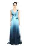 MARCHESA NOTTE SLEEVELESS DRAPED OMBRE TULLE EVENING GOWN,MN20FG2129-14