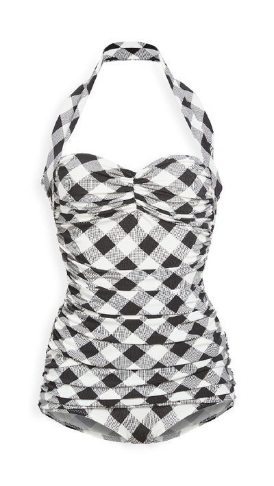 Norma Kamali Bill Ruched Checked Halterneck Swimsuit In Black