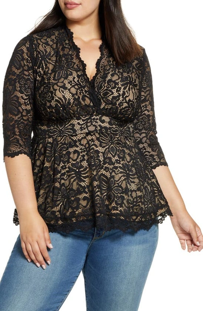 Kiyonna Linden Lace Top In Black Lace / Nude Lining