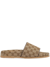 Gucci Leather-trimmed Monogrammed Canvas Slides In Nocolor