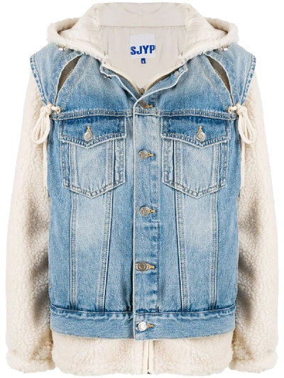 Sjyp Hooded Denim Sherpa Jacket In Neutrals