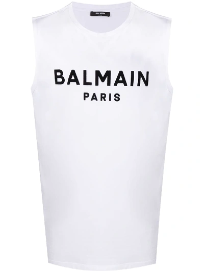 Balmain Flocked Logo Sleeveless Top In White
