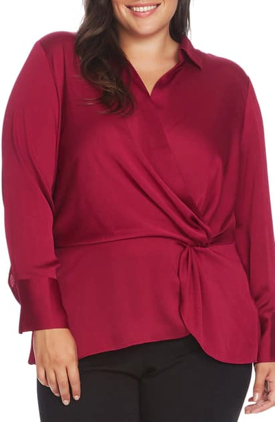 Vince Camuto Twist Detail Hammered Satin Blouse In Magenta