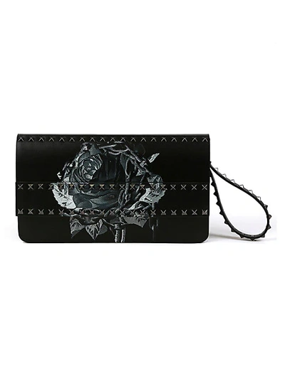 Valentino Garavani Leather Rockstud Undercover Rose Clutch In Black Grey