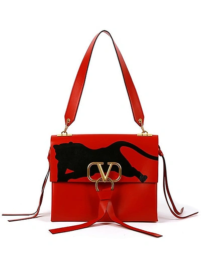 Valentino Garavani Large Panther V-ring Leather Shoulder Bag In Red