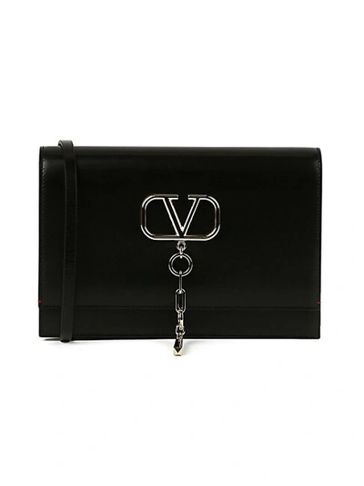 Valentino Garavani Vchain Logo Flat Leather Shoulder Bag In Black