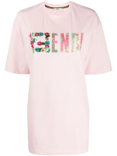 Fendi Floral Logo Embroidered T-shirt In Pink