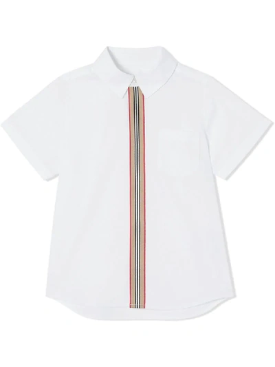 Burberry Kids' Icon Stripe弹力棉质衬衫 In White