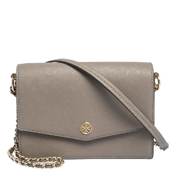 PreOwned Tory Burch Grey Leather Robinson Flap Crossbody Bag ModeSens