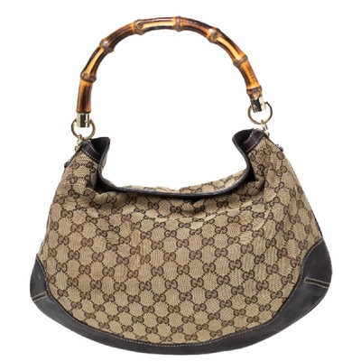 Pre-owned Gucci Brown/beige Gg Canvas And Leather Peggy Bamboo Hobo