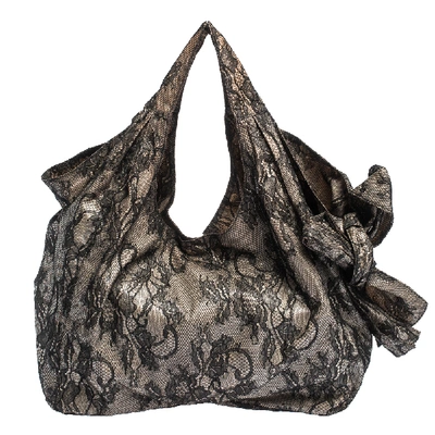 Pre-owned Valentino Garavani Black/beige Lace Large Nuage Bow Hobo