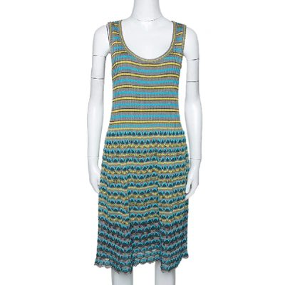 Pre-owned M Missoni Grey & Blue Wavy Textured Knit Sleeveless Dress L