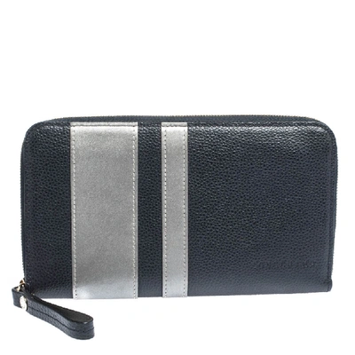 Pre-owned Longchamp Blue/grey Striped Leather Le Foulonne City Zip Around Wallet