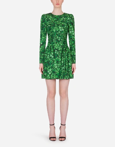 Dolce & Gabbana Short Circle-skirt Dress In Four-leaf Clover Print Charmeuse In Floral Print