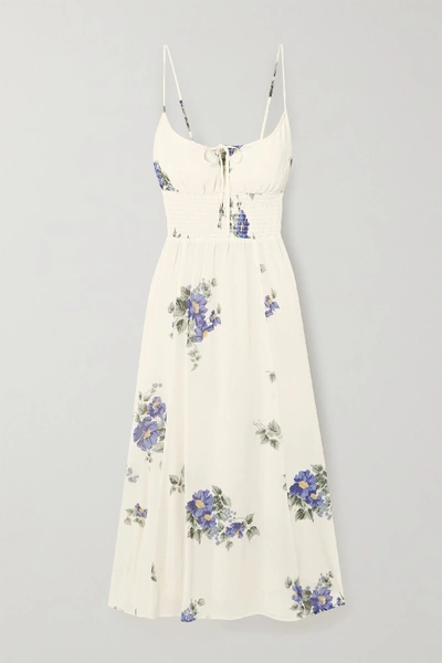 Reformation Bran Shirred Floral-print Georgette Midi Dress In Off-white