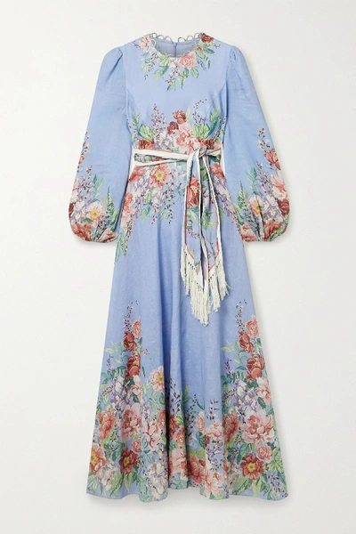 Zimmermann Bellitude Floral-print Linen Maxi Dress In Cornflower