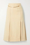 VICTORIA BECKHAM LEATHER-TRIMMED PLEATED SILK-BLEND TWEED WRAP SKIRT