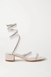RENÉ CAOVILLA CLEO EMBELLISHED SATIN AND METALLIC LEATHER SANDALS